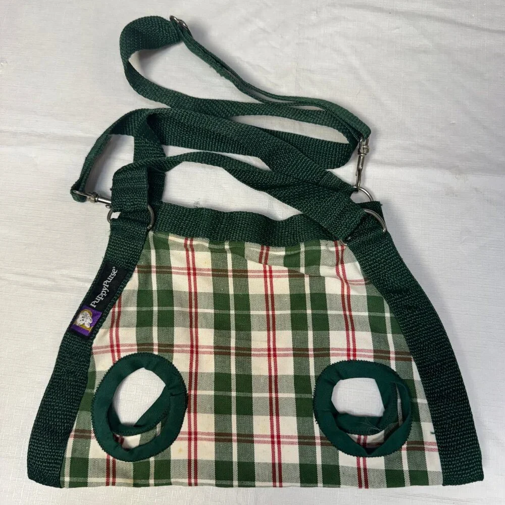 Purse Puppy Small Dog Open Carrier Sling Hand Carry Green Plaid for 4-8 lbs USA